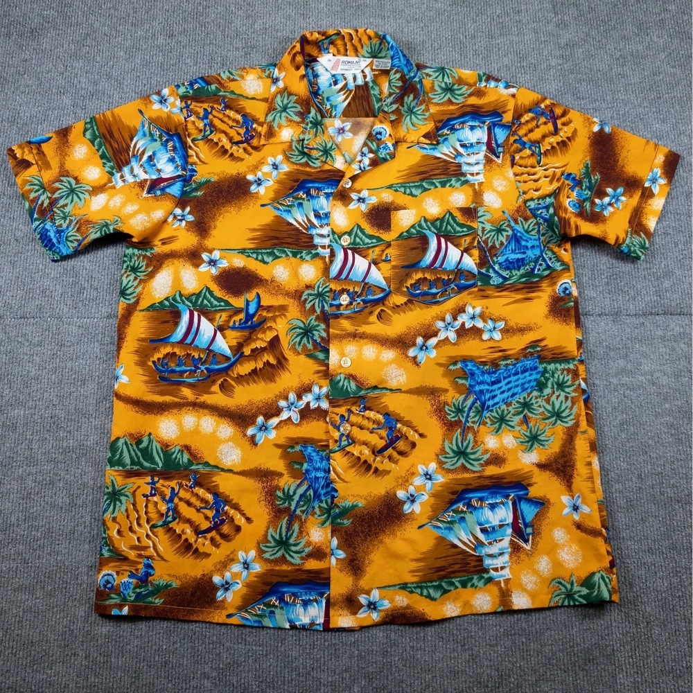 VTG‎ Romani Collection Aloha Shirt Men L Tropical Print Resort Wear Coastal Art